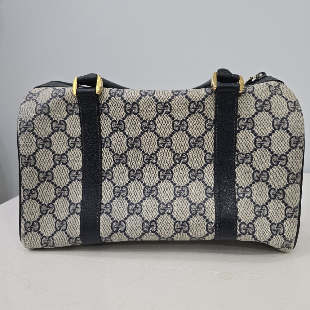 GUCCI - Vintage GG Sherry Line Boston Bag in Rare Navy Blue, PVC & Leather​​ - Picture 7 of 16